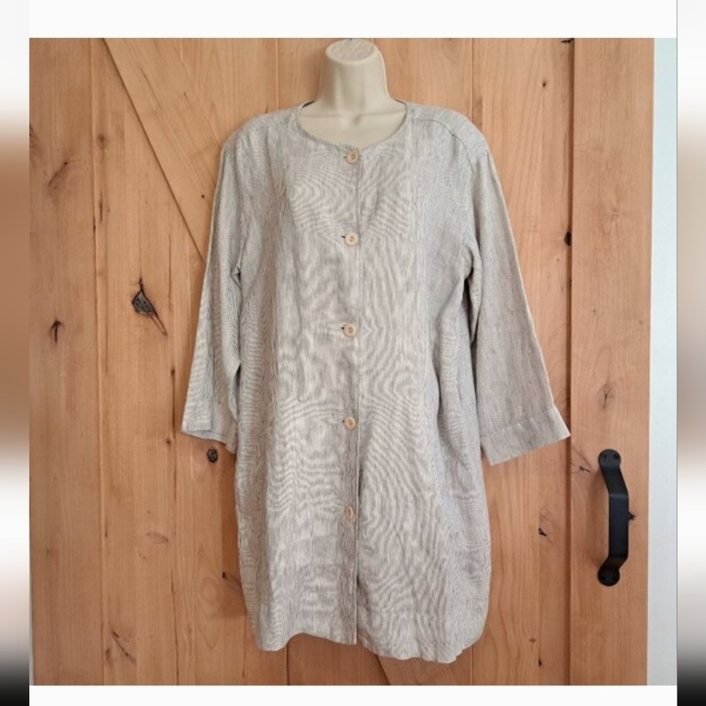 100% Organic Linen Beige Button-Up Long Sleeve Coat